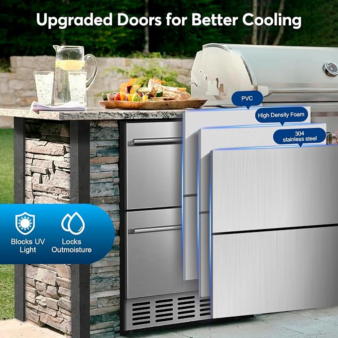 24" Undercounter Beverage Cooler, Outdoor Stainless Steel Drawer Fridge | Temp control, Outdoor patio garage bar, Home kitchen commercial, Rustproof stainless steel, Energy efficient, Digital display