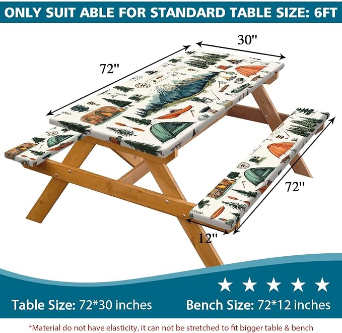 Picnic Table Cover with Bench Covers, Mountain Tent & Campfire Tablecloth, Elastic Edges, Waterproof Windproof Fitted, for Outdoor Camping Patio Garden, with Drawstring Bag, 72 Inch 3PCS