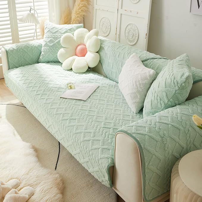 vctops Geometric Jacquard Plush Sofa Couch Covers Farmhouse Neutral Non Slip Sectional Couch Cover Soft Warm Sofa Slipcover for Dogs, Children, Pets Furniture Protector (Green,43"x70")