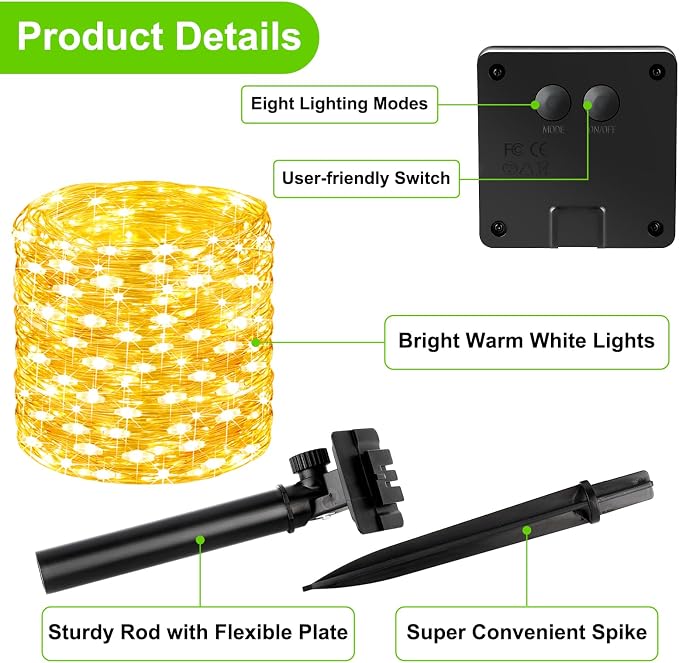 Brightever Solar String Lights, 1-Pack 40FT 100LED Solar Fairy Lights with 8 Lighting Modes, Solar Lights Outdoor Waterproof for Patio Christmas Wedding Party Tree Yard Decoration (Warm White)