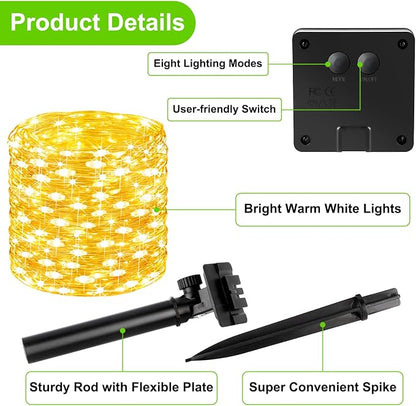 Brightever Solar String Lights, 1-Pack 40FT 100LED Solar Fairy Lights with 8 Lighting Modes, Solar Lights Outdoor Waterproof for Patio Christmas Wedding Party Tree Yard Decoration (Warm White)