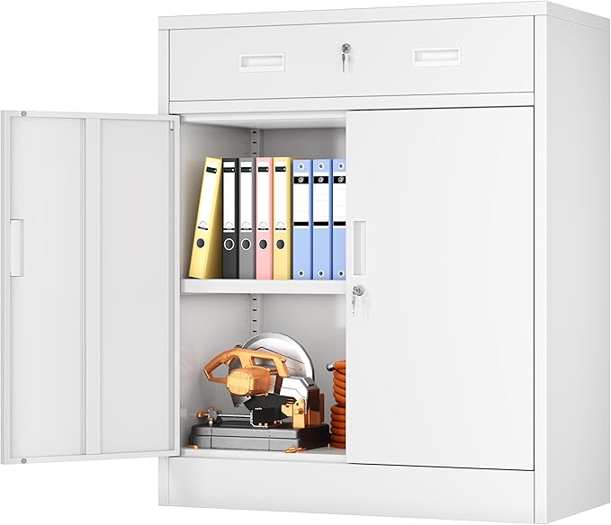 BESFUR Metal Storage Cabinet, Garage Storage Cabinet with One Drawer and Adjustable Shelf, Locking Short Storage Cabinet for Office Garage Home, White Metal Cabinets(36" H x 27.5" W x 16" D)
