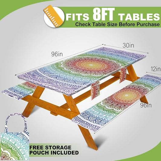 Wrakus Picnic Table Cover with Bench Covers Vinyl Elastic Edges Fitted Rectangle Seat Tables Waterproof 3-Piece96X30in Set Outdoor Rectangular Folding Backing Tablecloth for Camping Over Size