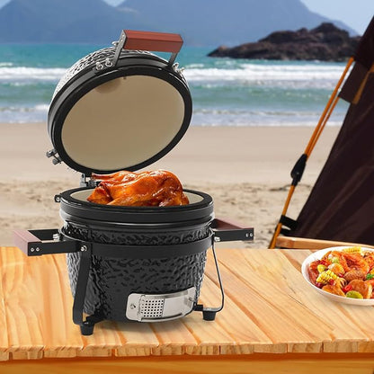 13 Inch Ceramic Charcoal Grill, Portable Kamado Style BBQ with 50-800°F Temperature Range, with Bamboo Handles and Spring Hinge 12.6” Grilling Grate for Outdoor Patio Camping Picnic, Black