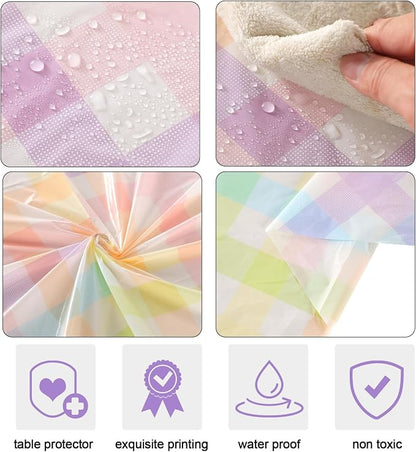 Spring Disposable Checkered Tablecloth Round Plastic Buffalo Plaid Table Cloth 84'' Gingham Pastel Tablecover for Picnic Camping BBQ Graduation Party(Macaron Colors, 6 Pieces)