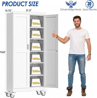 GAIOUS Metal Garage Storage Cabinet with Lock, Steel Tool Cabinet with 2 Doors and 5 Adjustable Shelves, 75” Tall Lockable File Cabinet with Wheels, Organization for Home Office Garage Gym - White
