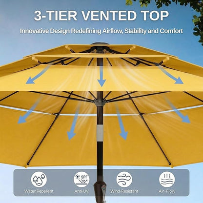 10ft Patio Umbrella, 3 Tier Outdoor Market Table Umbrellas with 8 Fiberglass Ribs and Push Button Tilt, Windproof, Vented Canopy, UV Protection for Deck, Pool, Backyard