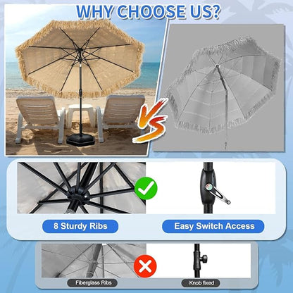 8FT Tiki Umbrella, Umbrella Outdoor Patio UV-Stability, Hawaiian Style Outdoor Umbrellas for Patio 8 large Ribs, Thatched umbrellas with Push Button Tilt and Crank Lift for Tiki Bar, Pool, Beach, Natural