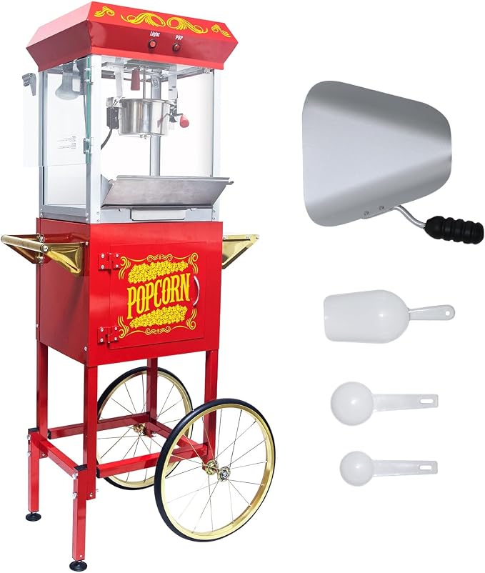 8 Oz Popcorn Machine with Cart, Nostalgia Professional Cart Makes Up to 32 Cups with Warming Deck and Old Maids Drawer, Movie Night Supplies for Home, Red
