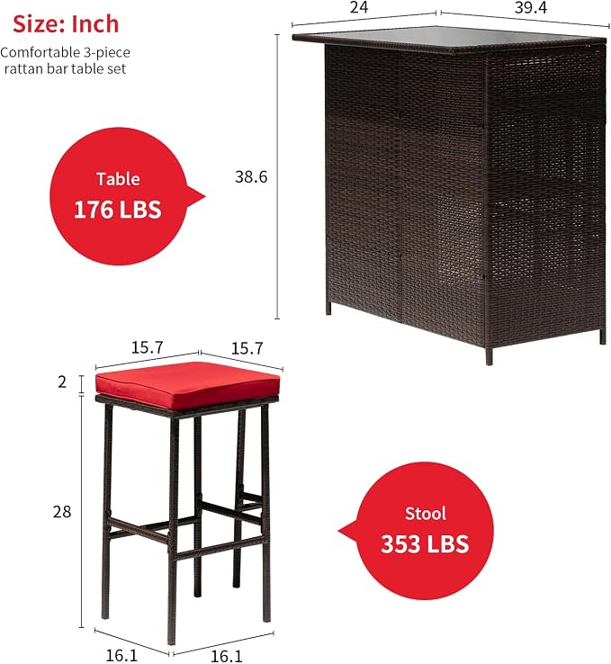 Outdoor Furniture Set Wicker Bistro Set 3PCS Patio Bar Set with Two Stools for Patio Backyard Balcony,Red Cushion