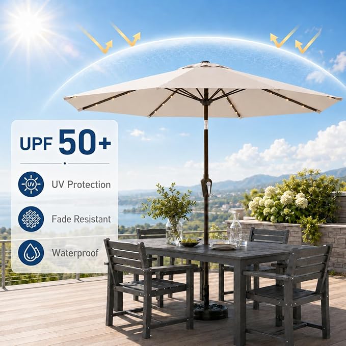 11FT Solar Patio Umbrella with Lights, Outdoor Table Market Umbrella with 32 LED Lights, 8 Sturdy Ribs, Smooth Crank Lift for Pool, Deck and Garden, UV-Resistant