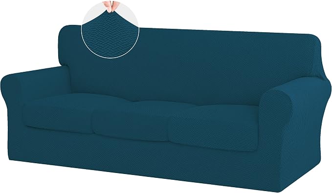 ISSUNTEX 4 Pieces High Stretch Thicken Couch Covers, Soft Sofa Slipcover for 3 Separate Cushion Couch, Jacquard Fabric Elastic Sofa Cover Furniture Protector for Dogs (Oversized Sofa, Peacock Blue)