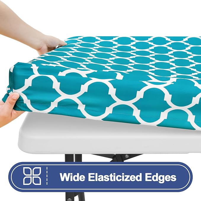 Smiry 2 Pack Rectangle Table Cloth 4 Foot, Waterproof Elastic Fitted Tablecloths, Windproof Washable Polyester Table Cover for Picnic, Camping, Outdoor (Teal, 24"x48")