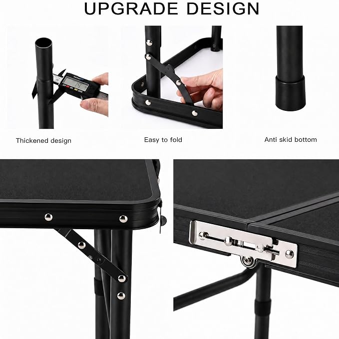 YUFIFAIRY Small Folding Table Portable, 24''L x16''W Foldable Camp Table | Lightweight Aluminum Frame, 3 Adjustable Height 10"/19"/27.5", For Indoor, Outdoor, Cooking, Picnic, All Black Table