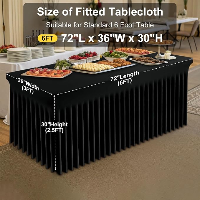 Smiry 2 Pack Spandex Elastic Fitted Table Cloth Skirt for 6FT Table | Stretch Washable Table Cloth, Banquet Table Cover for Wedding, Party, Indoor & Trade Shows, (Black, 72Lx36Wx30H)