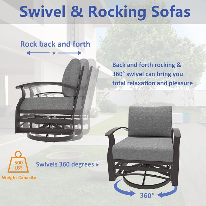 ALAULM 5 Piece Aluminum Outdoor Swivel Chairs High Back Metal Swivel Rocking Chairs with 5.1" Sponge Cushions, 2 Ottmans and 1 Coffee Table for Patio, Porch, Backyards, Garden(Grey)