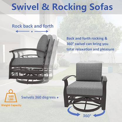 ALAULM Aluminum Patio Furniture Set with 2 Swivel Chairs 9-seat Metal Outdoor Furniture Patio Sectional Sofas Patio Conversation Set w/2 Ottomans for Patio, Backyard, Poolside-Grey