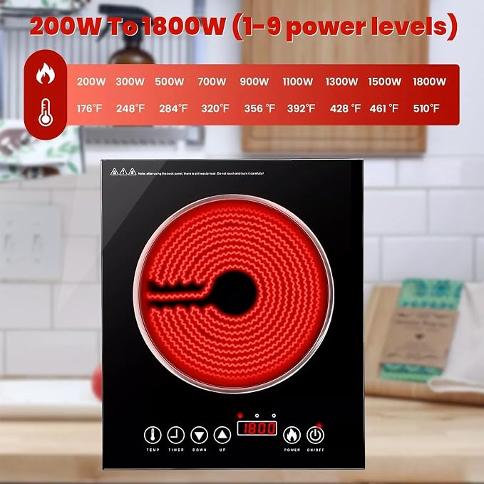 Portable Electric Cooktop, Single Burner Plug in Portable Induction Cooktop, Countertop Ceramic Stove Top with Power Levels and Overheat Protection, Child Safety Lock, Timer, 1800W 110V