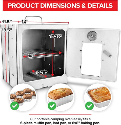 Modern Innovations Portable Camping Oven, Folding Camping Stove for Baking Cinnamon Rolls, Breads, and Muffins, Outdoor Portable Oven for Use with Wood Burning Fire, Propane Stoves, Campers, and More