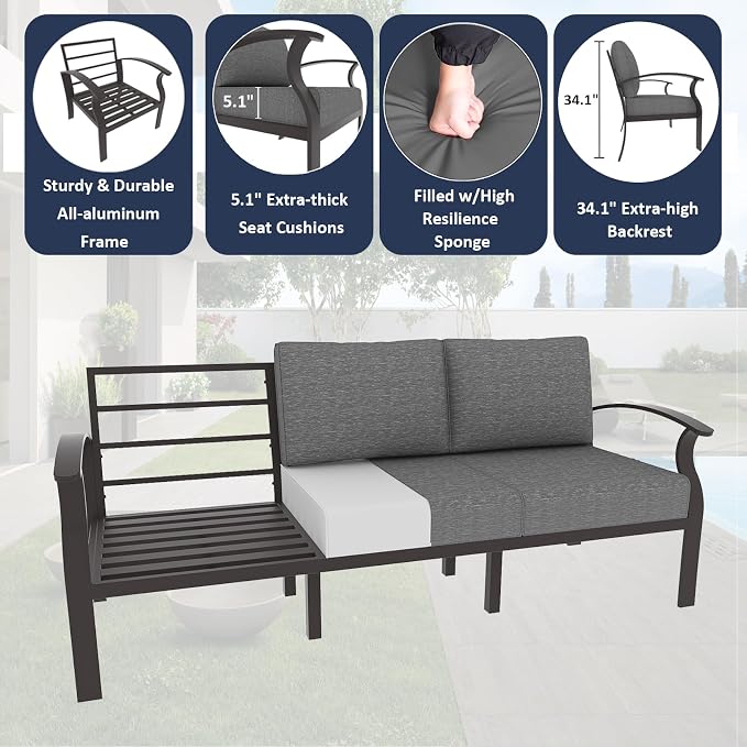 ALAULM Aluminum Patio Furniture Set with 2 Swivel Chairs 9-seat Metal Outdoor Furniture Patio Sectional Sofas Patio Conversation Set w/2 Ottomans for Patio, Backyard, Poolside-Grey