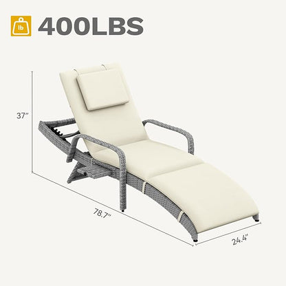 DWVO Outdoor Wicker Chaise Lounge Set of 2, Patio Lounge Chairs with Pull-Out Side Table, Rattan Pool Chair with Headrest & Armrests, 5-Level Backrest for Patio, Beach, Poolside, Beige