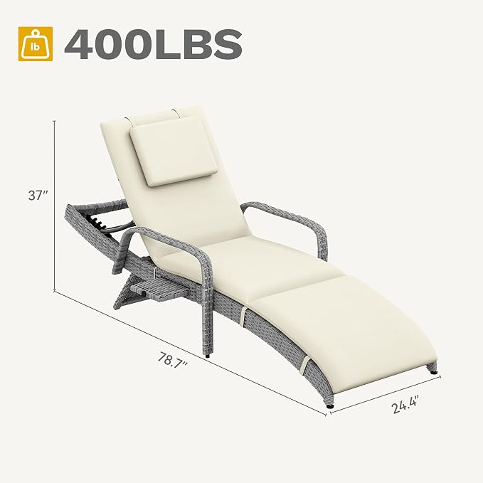 DWVO Outdoor Wicker Chaise Lounge Set, Patio Lounge Chairs with Pull-Out Side Table, Rattan Pool Chair with Headrest & Armrests, 5-Level Backrest for Patio, Beach, Poolside, Beige