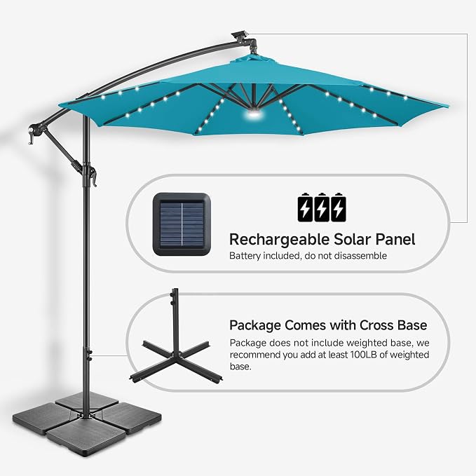 10 ft Solar Patio Umbrella Cantilever with Centre Light, Aqua Blue | 40 LED Lights, UV Protection, Large Offset Patio Umbrella Outdoor for Garden, Deck, Backyard, Pool, Porch, Provides Shade