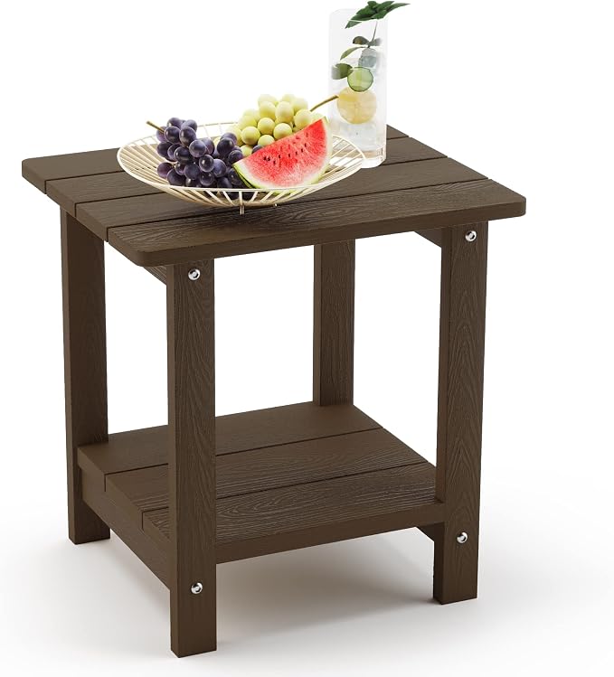 LUE BONA Outdoor Side Table, 2-Tier HDPS Small Patio Table, Dark Brown | 2-Tier Shelf for Extra Storage, Small End Table for Pool, Porch, Balcony, Weather Resistant HDPS, Easy Clean