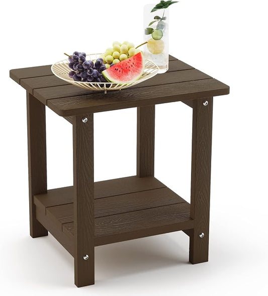 LUE BONA Outdoor Side Table, 2-Tier HDPS Small Patio Table, Dark Brown | 2-Tier Shelf for Extra Storage, Small End Table for Pool, Porch, Balcony, Weather Resistant HDPS, Easy Clean