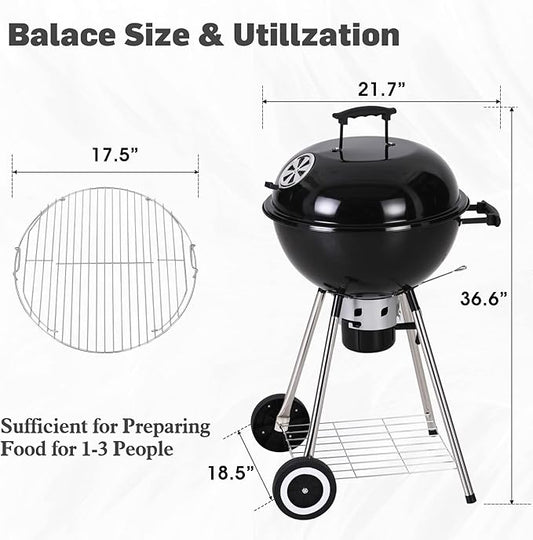Sophia & William 18-inch Kettle Charcoal BBQ Grill with Porcelain-Enameled Lid and Bowl, Chromeplated Grate, Ash Catcher for Outdoor Picnic BBQ Patio Camping, Black