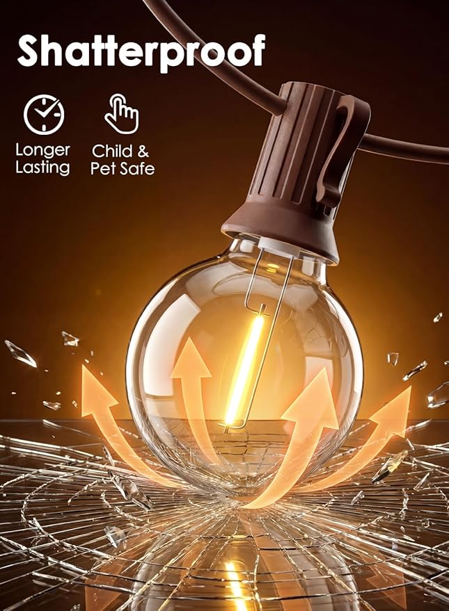 SUNSGNE 100FT Brown Outdoor String Lights, Shatterproof LED Globe String Lights with 50 G40 LED Bulbs, Waterproof Connectable Hanging Light for Backyard Patio Porch Balcony Party Decor, E12 Base