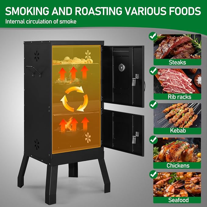 Vertical Charcoal Grill & Smoker, Outdoor Backyard BBQ with Double Doors, Detachable Racks, Thermometer and Adjustable Air Vents for Smoking and Grilling, Black