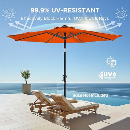 HOMSHADE 9ft Solar Patio Umbrella - Solar Lights LED Lighted Outdoor Market Table Umbrella, UPF50+ UV Protection with Push Button Tilt, Crank for Pool Deck and Garden (Neon Orange)