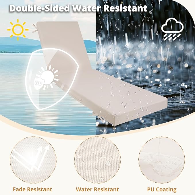Fabuday Chaise Lounge Chair Cushions for Outdoor Furniture - 72 x 21 x 3 Inch Waterproof Patio Pool Sunbrella Lounger Pads Replacement with Removable Cover, Beige