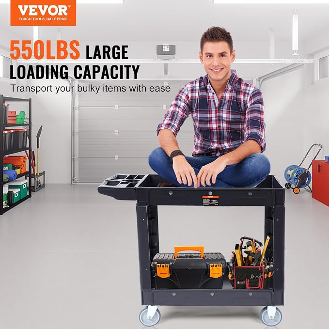VEVOR Utility Service Cart, 2 Shelf 550LBS Heavy Duty Plastic Rolling Utility Cart, Medium Lipped Shelf, 360° Swivel Wheels, Ergonomic Storage Handle for Warehouse Garage, Black | Heavy Duty Rolling Cart with 360° Swivel Wheels, Medium Lipped Shelf, Er...