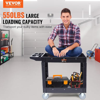 VEVOR Utility Service Cart, 2 Shelf 550LBS Heavy Duty Plastic Rolling Utility Cart, Medium Lipped Shelf, 360° Swivel Wheels, Ergonomic Storage Handle for Warehouse Garage, Black | Heavy Duty Rolling Cart with 360° Swivel Wheels, Medium Lipped Shelf, Er...