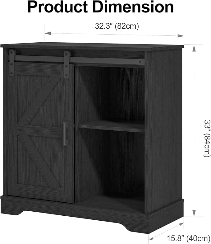 Panana Sliding Barn Door Buffet Sideboard Storage Cabinet Coffee Bar Kitchen Farmhouse Style (Black)