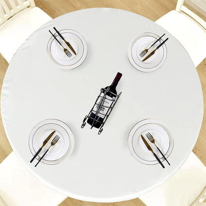 LUSHVIDA Round Waterproof Table Cover Elastic Vinyl Fitted Tablecloth Elastic Edged Plastic Table Cloth (Ivory, Best for Up to 45"-56" Round)