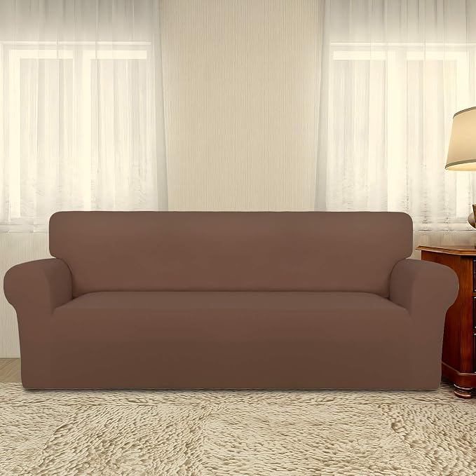 PureFit Stretch Oversized Couch Covers Fleece Sofa Slipcovers Brown | 1-Piece Sofa Cover Washable Soft Couch Protector, Couch Slipcover with Non Skid Foam and Elastic Bottom for Kids, Dogs