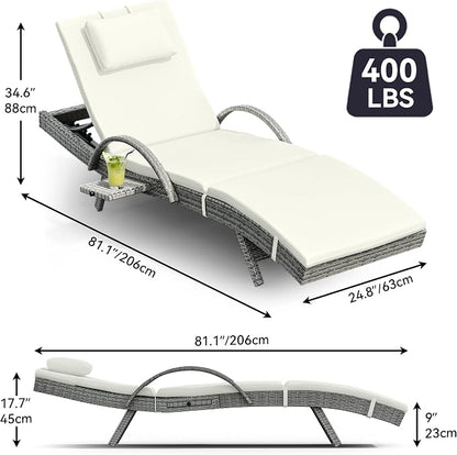 YITAHOME Wicker Chaise Lounge Outdoor, Rattan Pool Lounge Chair Reclining Chaise Lounge Set of 4 w/Pull-Out Desktop, 5-Position Backrest, Headrest & Cushion, Armrests for Poolside, Beach(Beige)