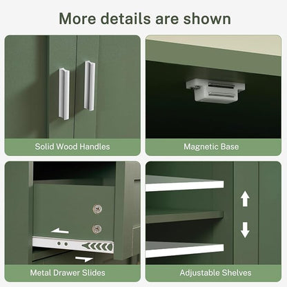 Bathroom Floor Storage Cabinet with Adjustable Shelf, Freestanding Storage Cabinet with 4 Doors, Cupboard for Living Room, Home Office, Entryway, Forest Green
