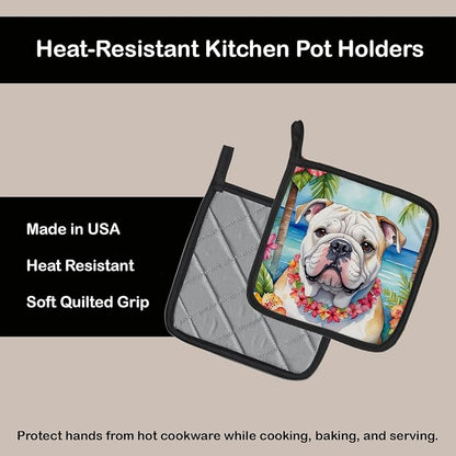 Caroline's Treasures English Bulldog Luau Pair of Pot Holders Kitchen Heat Resistant Pot Holders Sets Oven Hot Pads for Cooking Baking BBQ, 7 1/2 x 7 1/2