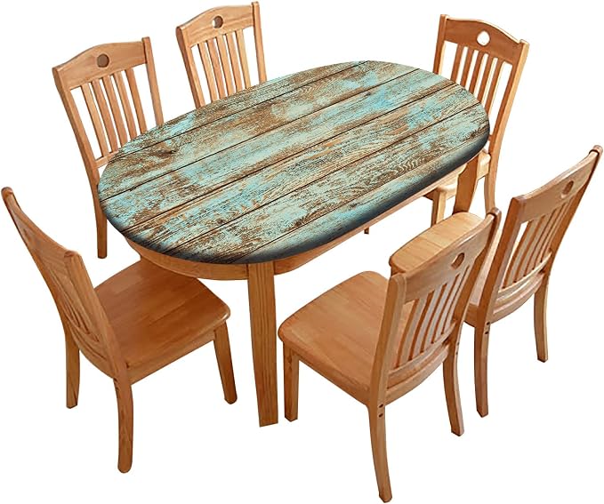 Wood Grain Fitted Oval Tablecloths, Green Rustic Weathered Wooden Planks Windproof Polyester Table Covers, Fits to 48x68 in Tables, Table Cloths for Indoor Restaurant Outdoor Terrace Dining Decor