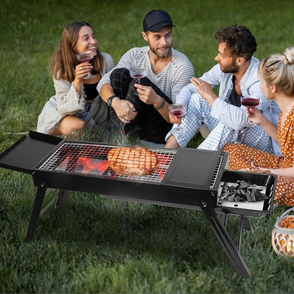 TeqHome Barbecue Charcoal Grill, Stainless Steel Folding Portable BBQ Grill with 2 Side Tray, Foldable Tabletop Grill for Outdoor Cooking Picnics Camping Hiking Tailgating Backpacking Party Backyard