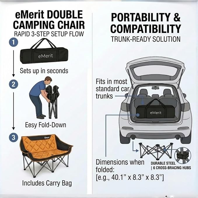 EMERIT Oversized Double Duo Camping Chair Folding Camping Loveseat 2 Person Camping Couch Heavy Duty Lawn Chairs for Outside with Padded Seats & Armrests-Support 650LBS