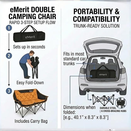 EMERIT Oversized Double Duo Camping Chair Folding Camping Loveseat 2 Person Camping Couch Heavy Duty Lawn Chairs for Outside with Padded Seats & Armrests-Support 650LBS