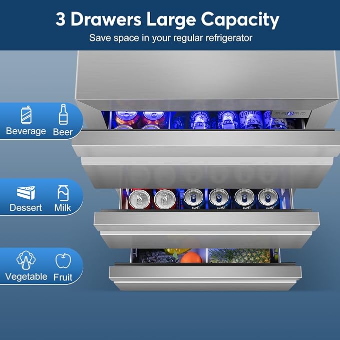24" Stainless Steel Undercounter Beverage Fridge, 3-Drawer with Wheels | Waterproof design, Adjustable temperature, for home bar garage patio, Digital thermostat, Built-in or freestanding