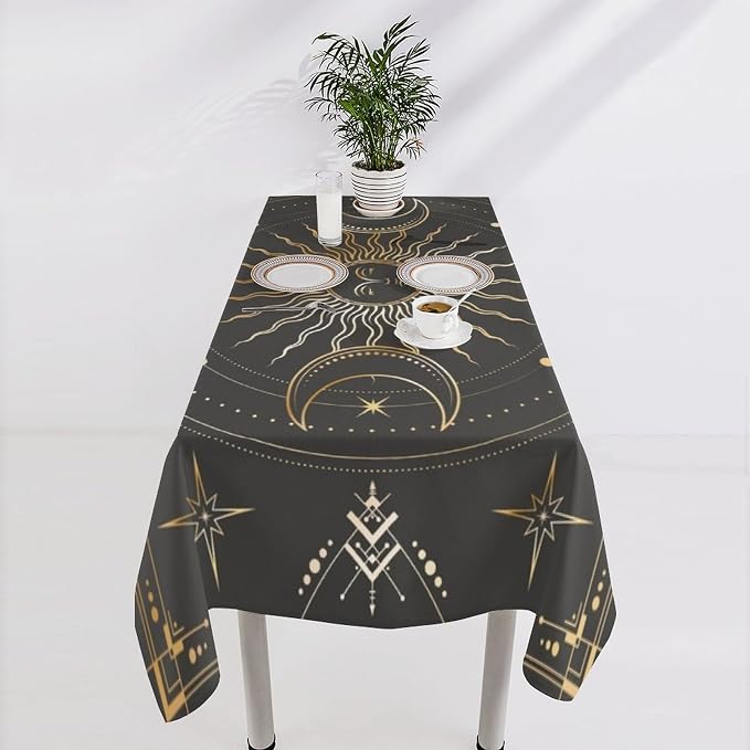 Vintage Sun Tablecloth Boho Celestial Star Magical Galaxy Space Moon Phases Table Cloth Water Resistant Wipeable Table Cover for Farmhouse Picnic Party Holiday Kitchen Dinner Table 60"x110"