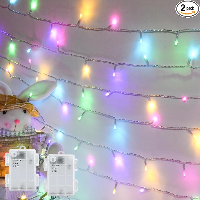 cshare Easter String Lights Battery Operated, Pastel Easter Lights with Timer 9.8ft 30LED Transparent Wire Fairy Lights for Easter Decorations Garland Outdoor Indoor Party 2 Packs
