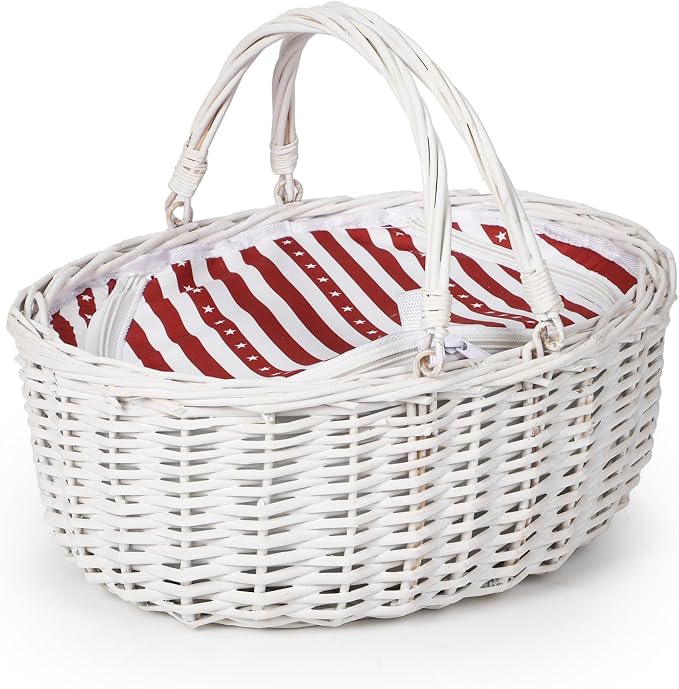 Wicker Picnic Basket 15"x11"x7" Insulated Liner Red White Stars | Insulated Zip Liner Helps Keep Drinks and Snacks Cool, Sturdy Woven Basket Suits Parks, Camping, Holidays and Gift Giving
